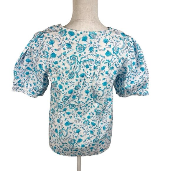 Draper James Women's S V-Neck Puff Sleeve Blouse Top Blue Floral NWT 9264 - Picture 2 of 15